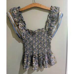 Jennifer & Grace Blue Floral Smocked‎ Ruffle Top - Medium